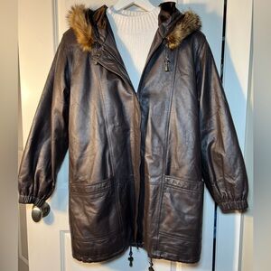 Excelled Brown Leather Stadium/Parka Coat With Hood Size Large